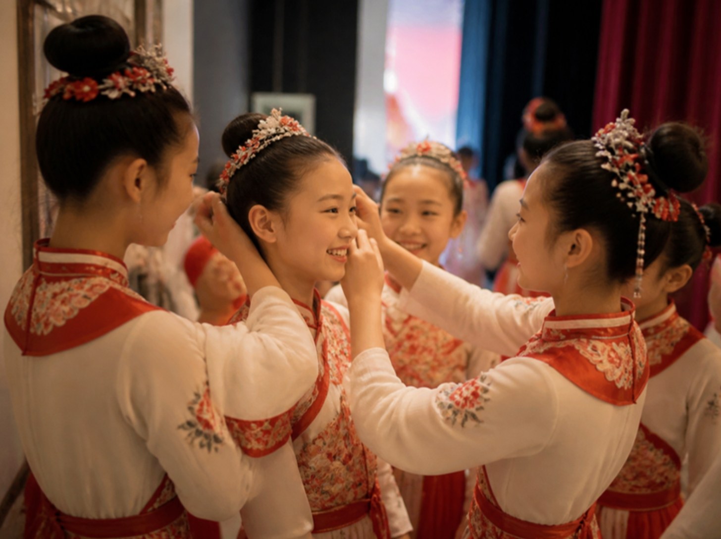 Young dancers in embroidered costumes help each other with their headpieces backstage