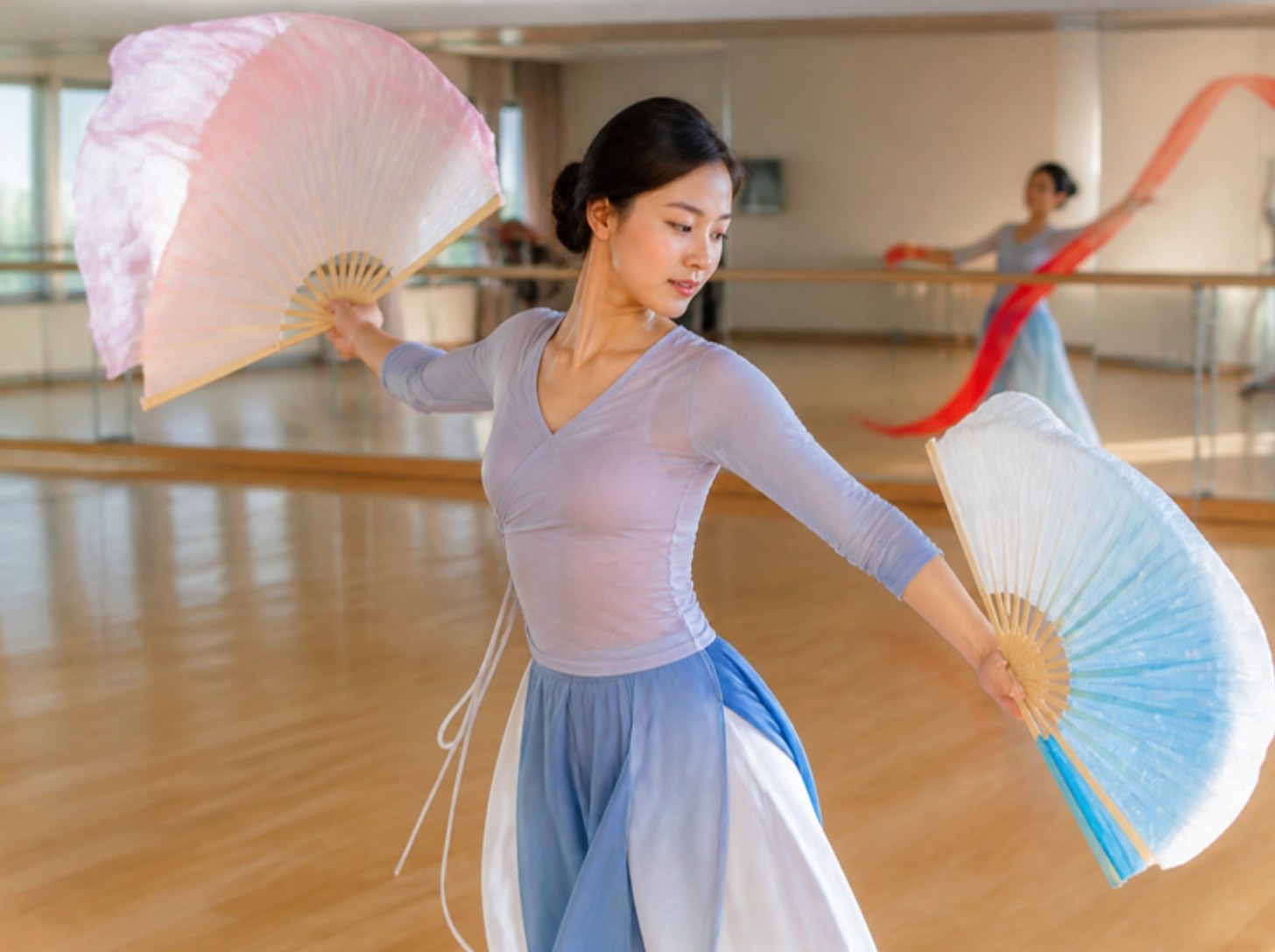 A dancer turns with two silk fans while another practises with a long ribbon behind her