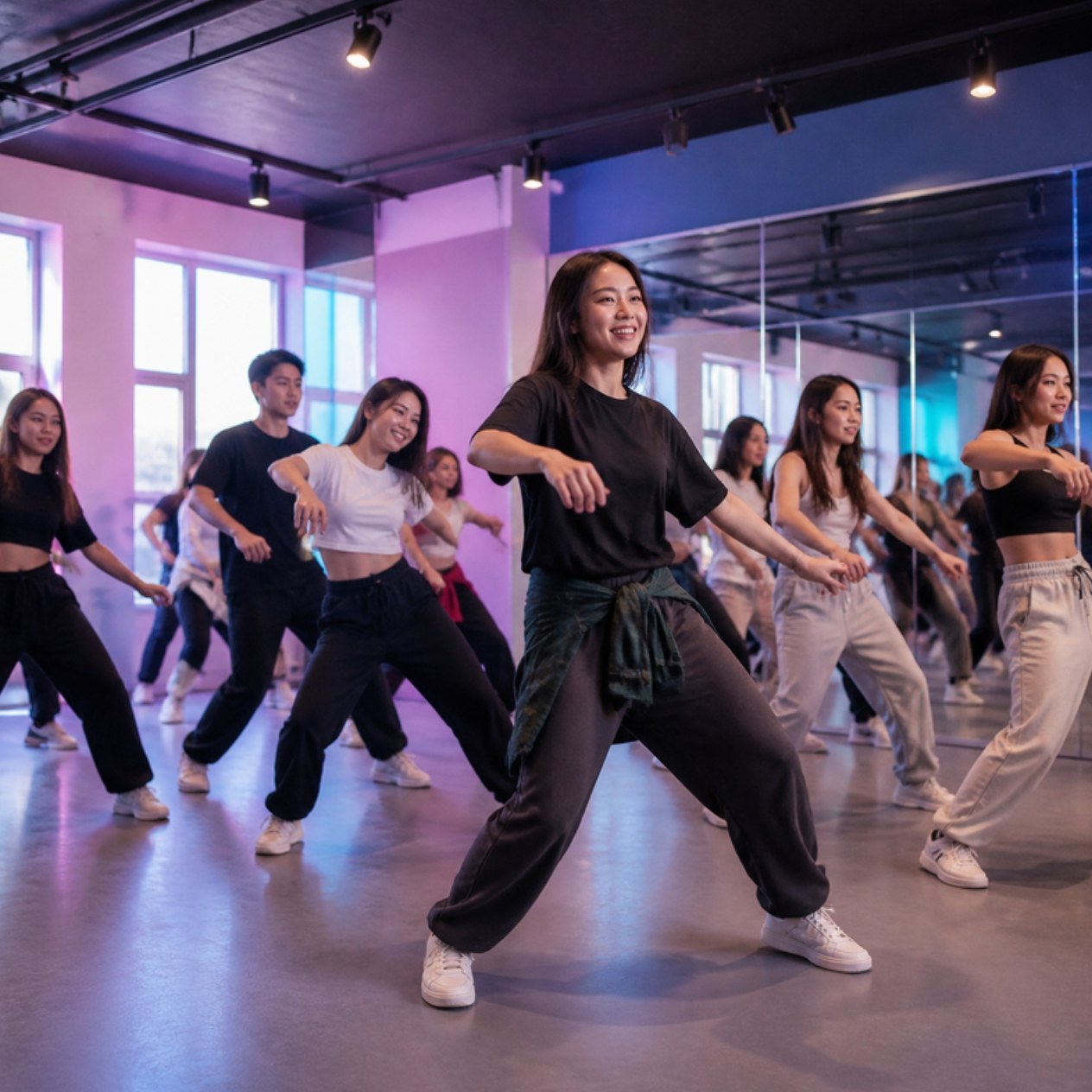 Adults in streetwear dance a K-pop routine together in a studio