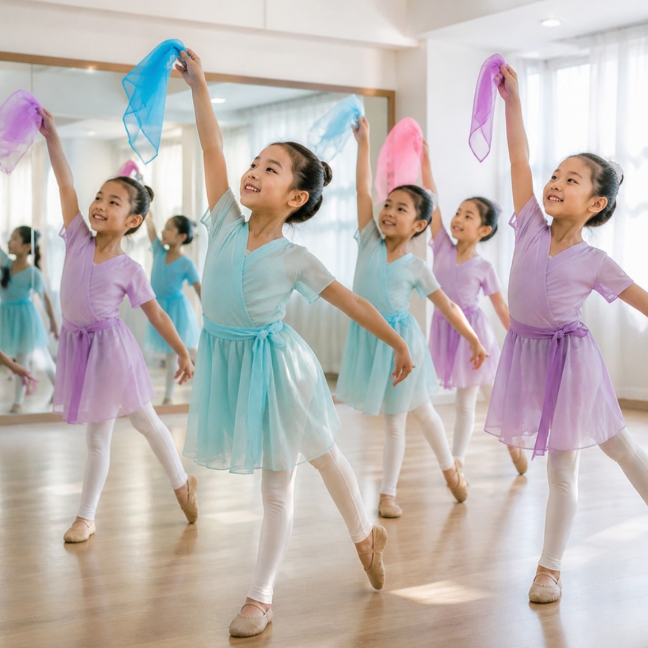 Young children in pastel dance clothes wave silk handkerchiefs above their heads