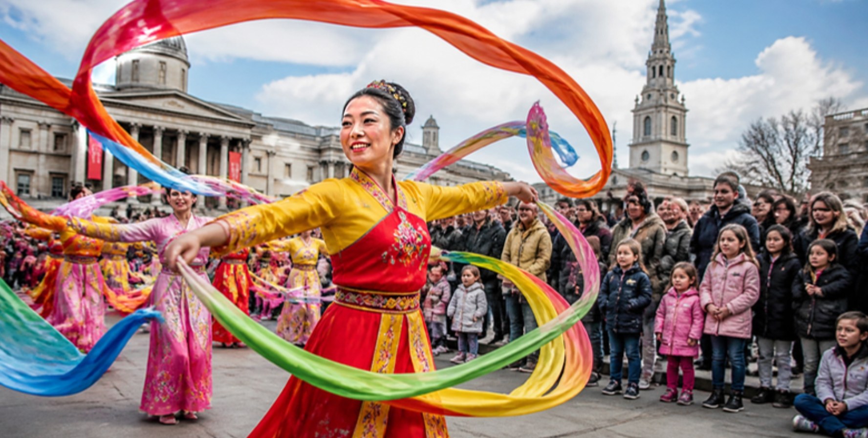 A dancer performs a ribbon dance for a crowd of families at an outdoor festival